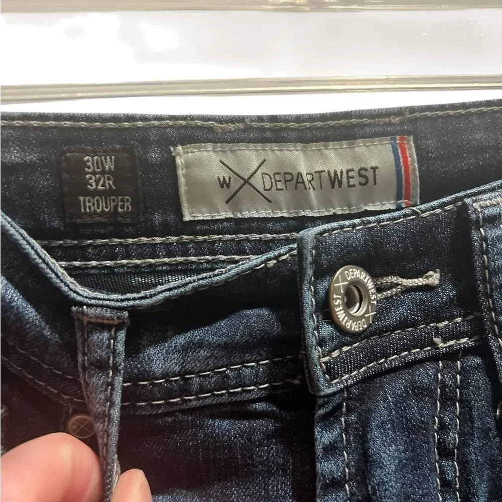 Departwest Trouper Dark Wash Jeans Size 30x32 Slim Fit Distressed Whisker Fade